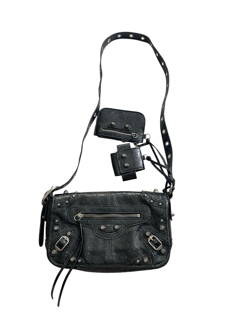 Le Cagole XS Black Studded Distressed Leather Crossbody Bag